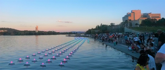 VOYAGE by Aether & Hemera, a  flotilla, origami boats, lit, paper boats, floating  artwork, from London to Australia