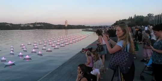 VOYAGE by Aether & Hemera, a  flotilla, origami boats, lit, paper boats, floating  artwork, from London to Australia