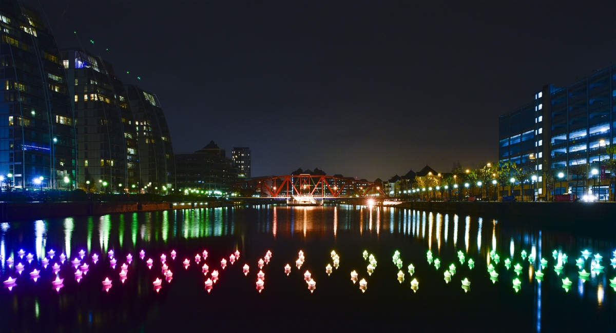 VOYAGE by Aether & Hemera (c) a flotilla, origami boats, lit, paper boats, floating , from London, to Salford