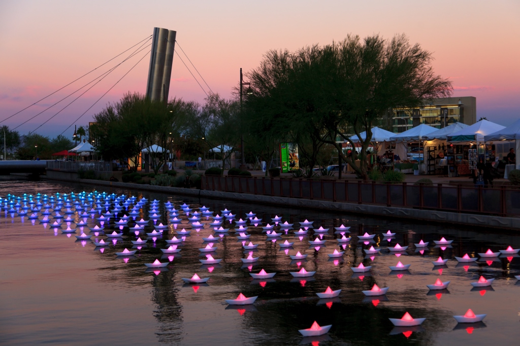 VOYAGE, flotilla, origami boats, lit, paper boats, floating , from London, to Arizona