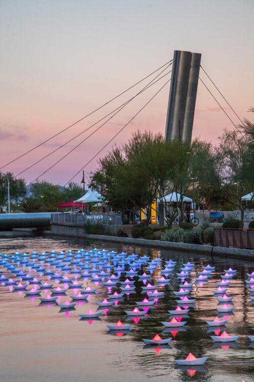 flotilla, Aether & Hemera,  illumination, floating, temporary, installation, artwork, winter nights, light art, light installation, paper boats, origami boats, art installation, London, Aether & Hemera