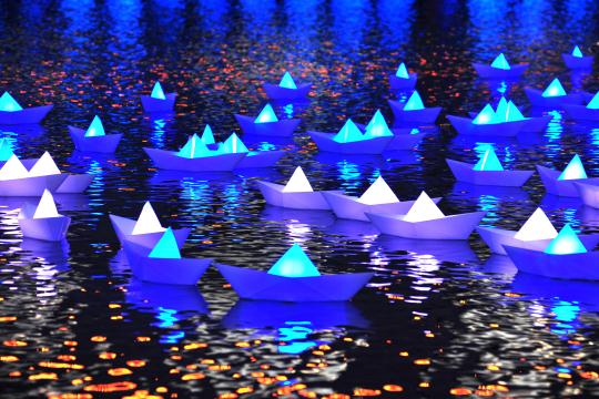 Lightwaves 2016, Quays Culture, Digital Art, Salford Quays, #lightart, #lightfestival.flotilla, Aether & Hemera,  illumination, floating, temporary, installation, artwork, winter nights, light art, light installation, paper boats, origami boats, art installation, London, Aether & Hemera