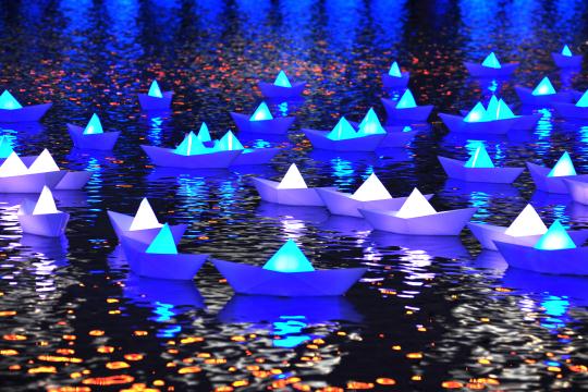 Lightwaves 2016, Quays Culture, Digital Art, Salford Quays, #lightart, #lightfestival.flotilla, Aether & Hemera,  illumination, floating, temporary, installation, artwork, winter nights, light art, light installation, paper boats, origami boats, art installation, London, Aether & Hemera